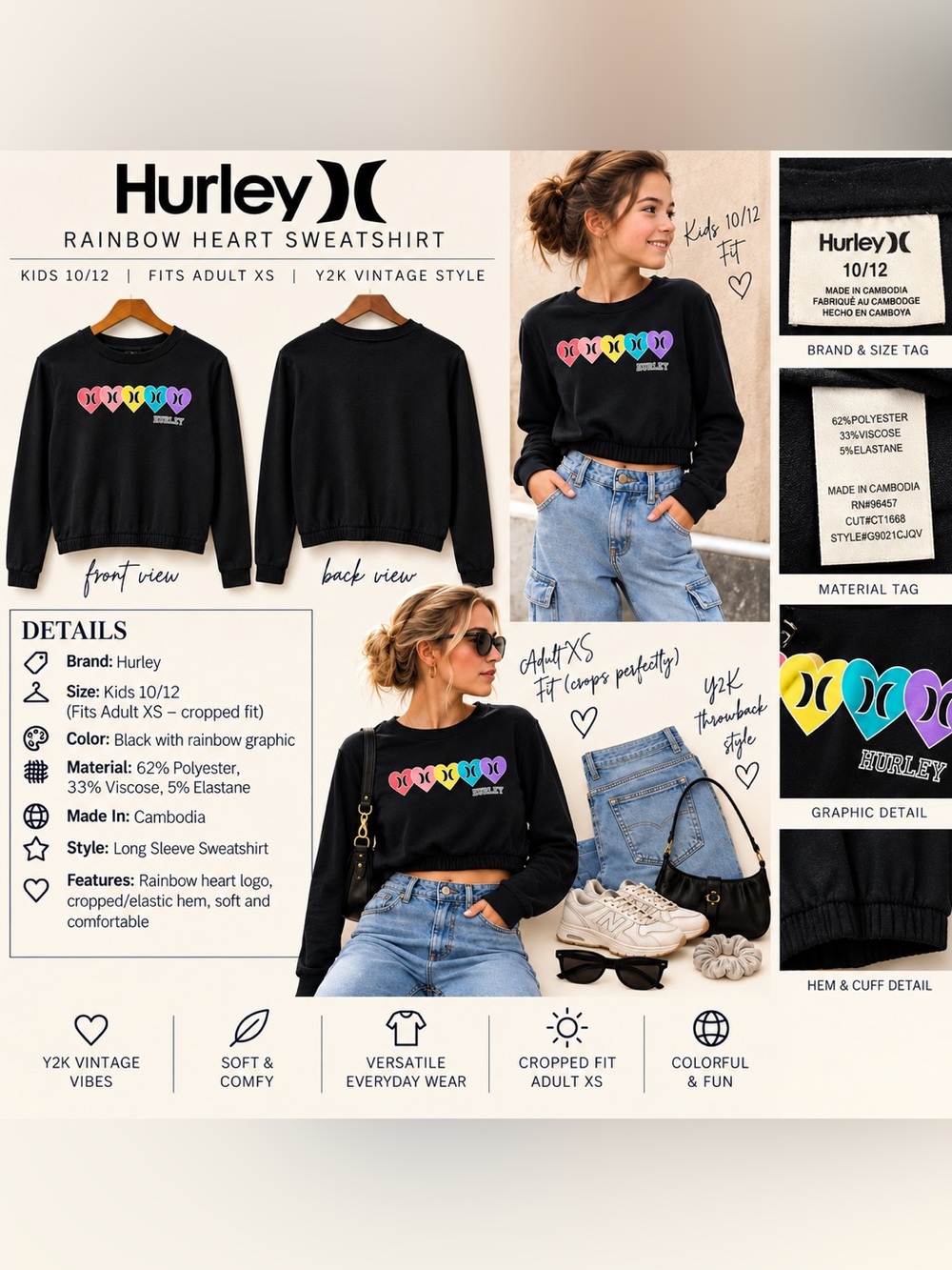 Hurley Black Cropped Sweatshirt with Rainbow Heart Graphic